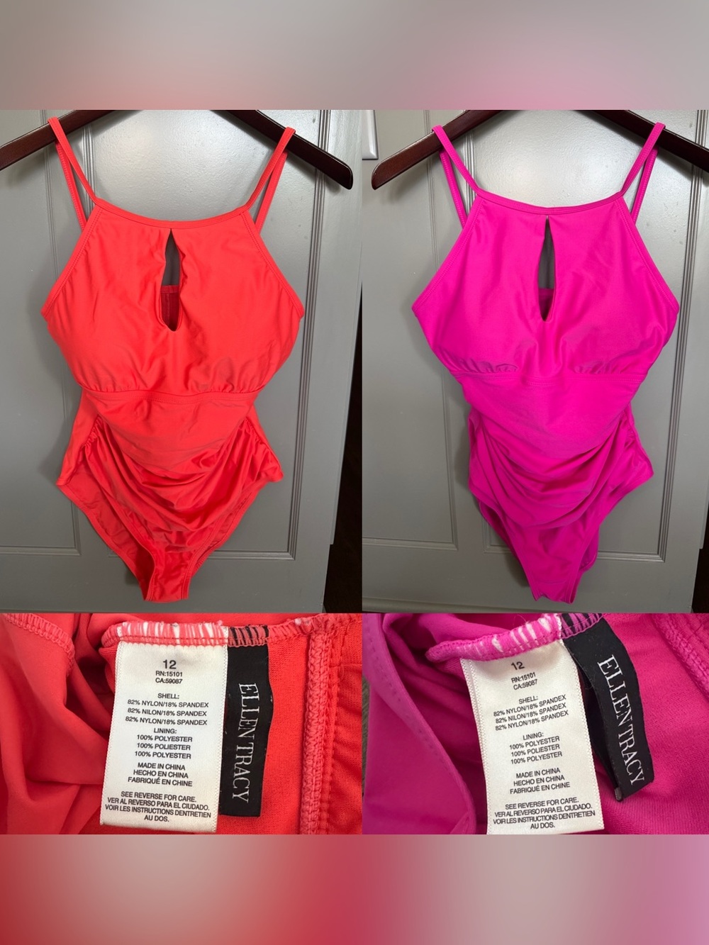 Pair of Ellen Tracy Keyhole One-Piece Swimsuit in Coral and Fuchsia